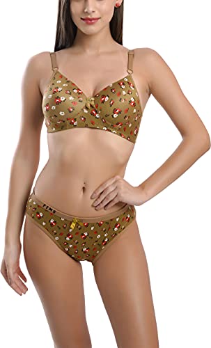 Image of FIMS - Fashion is my style Cotton Flower Print Padded Bra Panty Set for Women, Non Wired, Full Coverage, Tshirt, Back Closure, Push up, Teenage, Regular, Soft Cups