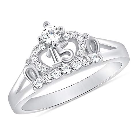 Jewelry by Debbie 925 Sterling Silver Sweet 15 Quinceanera Crown Cz Ring Rhodium Plated (7) Cover