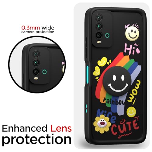 Image of Pikkme Back Cover for Redmi 9 Power /Poco M3 | Soft Silicone| Cute Rainbow Smile & 3D Cartoon Flower Design | Shockproof Raised Camera Protection Bumper Case (Black)