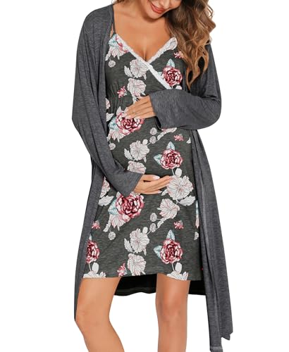Image of SWOMOG Womens Maternity Robe 2 Piece Nursing Nightgown for Breastfeeding 3 in 1 Labor Delivery Nursing Dress Lace Bathrobe