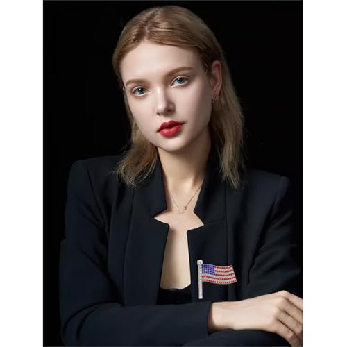 Image of Patriotic USA Flag Brooch Pin for Women Fashion Crystal Blue Red Independence Memorial Day Lapel Pin 4th of July Dress Accessories