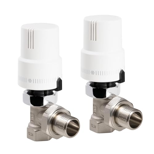 VANCOCO 2 STK. G1/2 Thermostatventil mit Gewindeanschluss für Heizkörper, Eckform, Thermostatkopf, Heizungsventil, Weiß, Flüssigfühler, Frostschutzstellung, mit Schloss