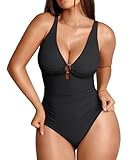 FeelinGirl One Piece Swimsuits Tummy Control Women's One-Piece Swimsuits with Deep V Neck Design Slimming Swimwear for Women Vacation Swimwear Black L