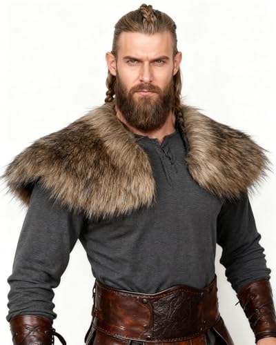 keland Viking Kunstfell Kragen Schulterfell Mittelalter Fellumhang Fell Schulterüberwurf Wikinger Kostüm Herren (Braun)
