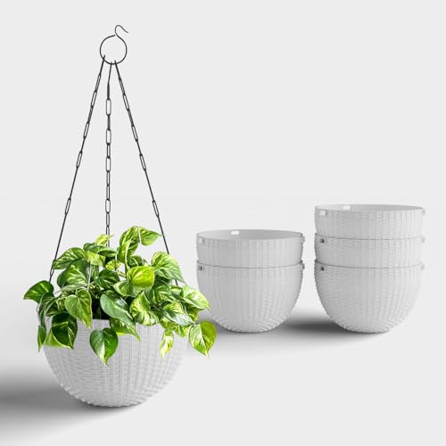 Image of YUCCABE ITALIA SHERA URO-Basket Plastic Flower Pot with Drainage Holes Round Planter Pot Suitable for Inddor Outdoor Kitchen (White, 8 INCH - 6 Pcs)