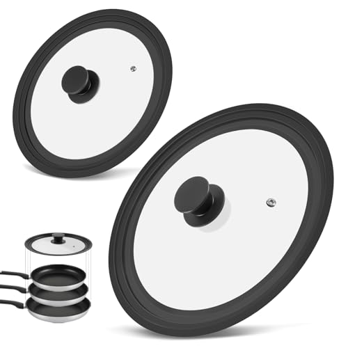 2 Pack Silicone Universal Lid for Pots, Pans & Skillets - Fits 11\", 12\" & 12.5\" and 9\", 9.5\" & 10\" Diameter Cookware, Tempered Glass Lid with Heat Resistant Rim and Handle - Frying Pan Cover