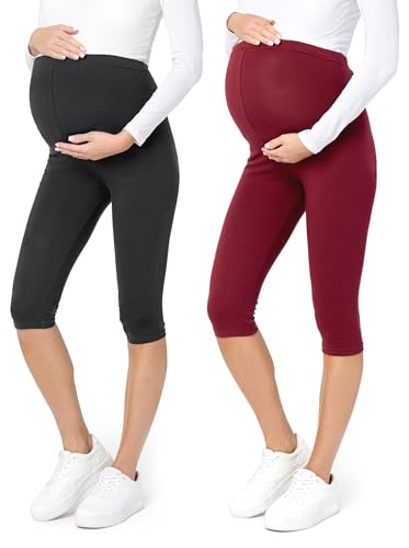 Be Mammy Leggins Premamá 3/4 para Mujer Embarazada Mallas Capri Maternidad Leggings Pirata Lactancia Ropa Deportiva Embarazo 2Pack BE20-229 (2Pack Negro/Burdeos, XL)
