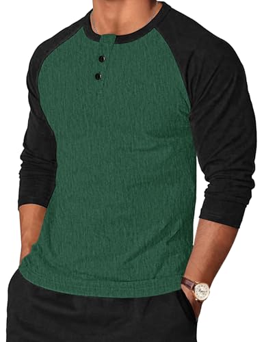 TARAINYA Henley Shirt Herren Baumwolle Longsleeve Langarmshirt Pullover Männer mit Knopfleiste Grün Schwarz L
