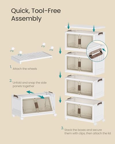 Image of SONGMICS 58QT Plastic Storage Bins with 1 Lid, 4-Tier Stackable Bins with Doors and Wheels, Foldable Storage Boxes, for Closets, Bedroom, Living Room, Office, White URLB460WZ01