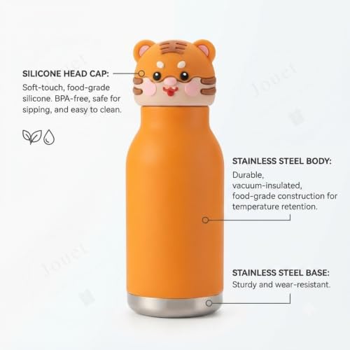 Image of JOUET 450ml Stainless Steel Kids Water Bottle with Cute Tiger Character Lid, Leakproof Drinking Bottle for School, Travel, Sports & Everyday Use