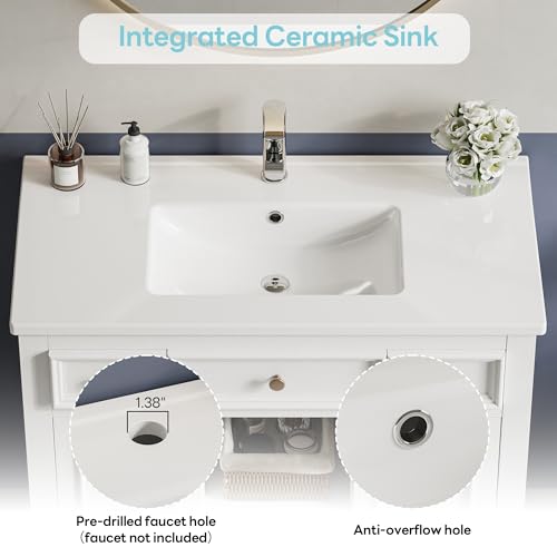 LIKIMIO 36\" Bathroom Vanity with Ceramic Sink, Adjustable Shelves,4 Drawers, Solid Wood Legs, White Single Bathroom Sink with Cabinet