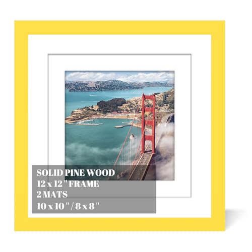 12x12 Wood Picture Frames for Wall Hanging or Tabletop,Diamond Painting Frame Baby Scan Picture Frames with 2 Mats Display 8x8 or 10x10 for Family Walls Decoration,Anniversary,Wedding,Christmas(Yellow)