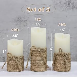 Flameless Candles Flickering with Timer, Set of 5 Battery Pillar Candles with Hemp Rope, Realistic Wax Candle Lights for Summer Party Home Table Décor Flameless Candles Flickering with Timer Set of 5 Battery Pillar Candles with Hemp Rope Realistic Wax Candle Lights for Summer Party Home Table Decor
