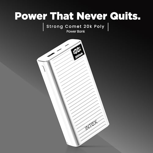 Image of Intex Strong Comet 20K Poly 20000mAh High Capacity QC PD Power Bank with 22.5W Fast Charging, Digital LED Display, Dual Input Type-C and Micro USB, Multiple Output Ports, Long Backup (White)