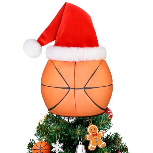 Image of Basketball Christmas Tree Topper, 8-Inch Velvet Stuffed Red Santa Hat Tree Topper, Basketball Sports Game Day Tree Topper for Holiday Basketball Party Home Indoor/Outdoor Christmas Tree Decor