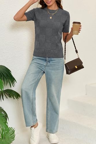 Image of Cakulo Women's Short Sleeve Summer Sweater Knit Tops | Checkered Pattern, Crew Neck, Lightweight Knit, Pullover Sweaters, Business Casual Work Tops Basic Clothes