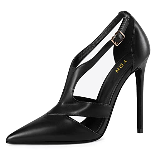YDN Women Pointed Toe Stiletto High Heel Ankle Strap Cut Out T-Strap D'Orsay Dress Pumps Shoes Sexy Date Office Ladies Shoes Size 4-15 US2