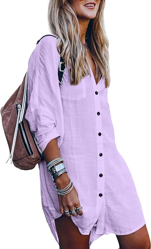 Image of POGTMM Women's Swimsuit Cover Up 3 /4 Sleeve Button Down Shirt Dress