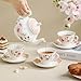 PRECITIME Floral Porcelain Tea Cup Set of 6 (12-Piece), 6 Cups & 6 Saucers with Rose Pattern, 6oz Scalloped Edge Coffee Cups, Dishwasher & Microwave Safe, Elegant Gift