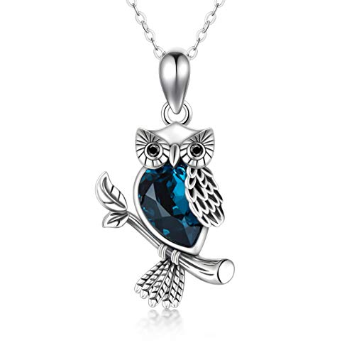 HARMONY BOLA Bleu Collier Hibou en Argent Sterling 925 avec Pendentif en Forme en Cristal Cadeau d'Anniversaire pour Femme Mère 45,7 + 5,1 cm