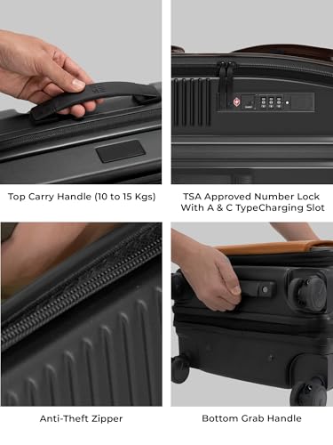 Image of EUME Aerotop Cabin Trolley Bag Small | Top Open Suitcase | Expandable Hard Polycarbonate Luggage | TSA Lock, Anti Theft Zipper, Silent Wheels | 16 inch inch Laptop Holder + Charging Port | 50L Black