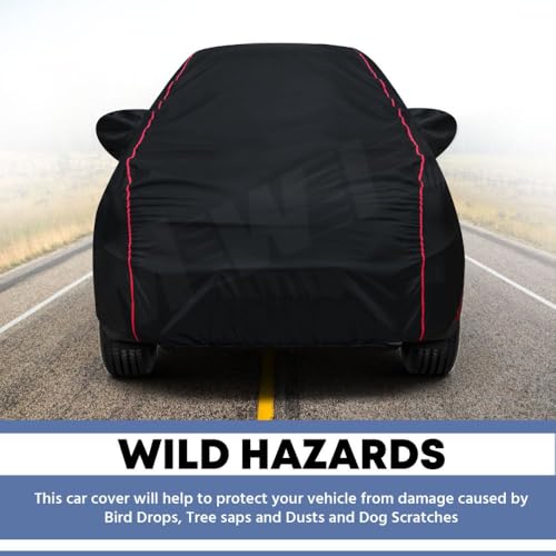 Image of MWISS Waterproof Car Cover for Land Rover Discovery | All-Weather Protection, Dustproof & UV Resistant | Triple Stitched Mirror Pockets, Windproof Buckle Strap with Elastic Hem, Black-Red Piping