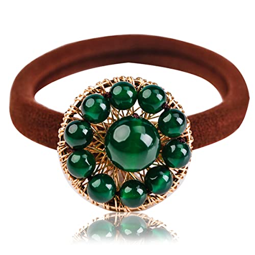 Natural Jade Gemstone Hair Tie, Emerald Jade Hair Elastic Ponytail Rope, Retro Chinese Hair Accessories For Women, Bridesmaid, Green Jade Jewelry Gift #TOP23