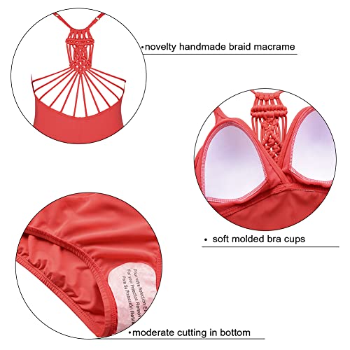 Image of Firpearl Women's Tummy Control One Piece Bathing Suits V Neck Swimsuits Hand-Braid Macrame Ruched Slimming Swimwear