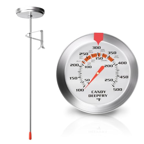 Stainless Steel Candy Thermometer with Pot Clip Deep Fry Oil Thermometer with 9' Long Probe & 2' Dial Accurate Temperature Reading for Cooking Candy Sugar Jelly Syrup Deep Frying Thermometer
