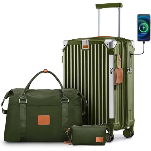 Kit Mala De Bordo 10kg Com Frasqueira Viagem, Conjunto Malas Rígida PP Expansível Bagagem De Mão 360 Graus Cadeado TSA Porta Copos USB Mala Escolar Resistente Verde 55x35x25
