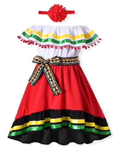 fioukiay Toddler Girls Mexican Dress Little Girl Off Shoulder Bowknot Traditional Color Block Dresses