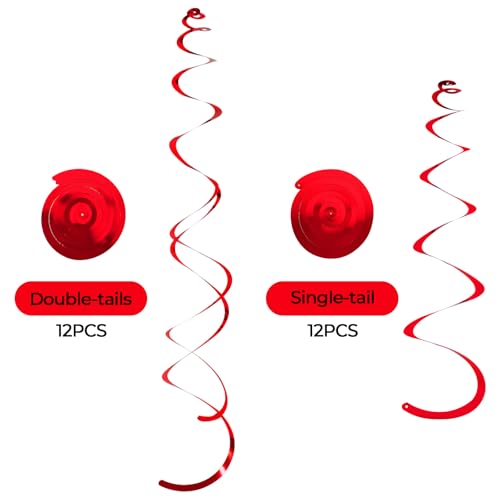 Image of 24 PCS Red Hanging Swirl, Sparkle Ceiling Hanging Decorations, Plastic Streamer Party Decorations with Double-Swirls and Single-Swirls for Birthday Decorations,Graduation, Anniversary, Valentine's Day