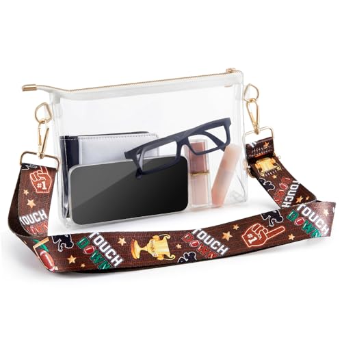 Clear Football Stadium Bag with Touch Down Shoulder Strap Stadium Approved Crossbody Purse for Game Day Sport Events(White Angled)