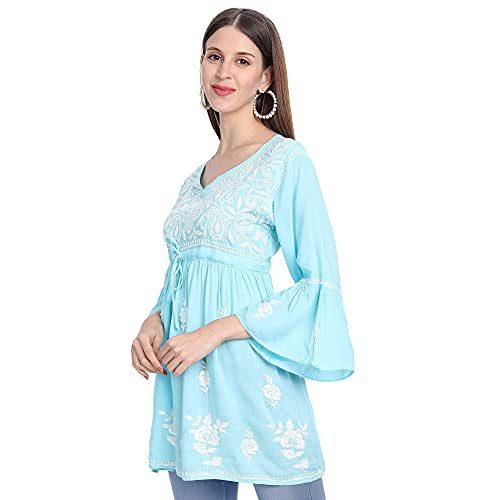 Image of indiankala4u Lucknow Chikankari Hand Embroidered Fit and Flared Top, Short Kurti for Women, Modal Cotton