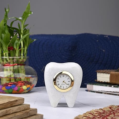 Image of SAUDEEP INDIA Tooth Shape Dentist Desk Marbel Table Clock for Decor and Paper Weight, Ideal Gift for Dentists and Doctors (Clock with Pen Stand)