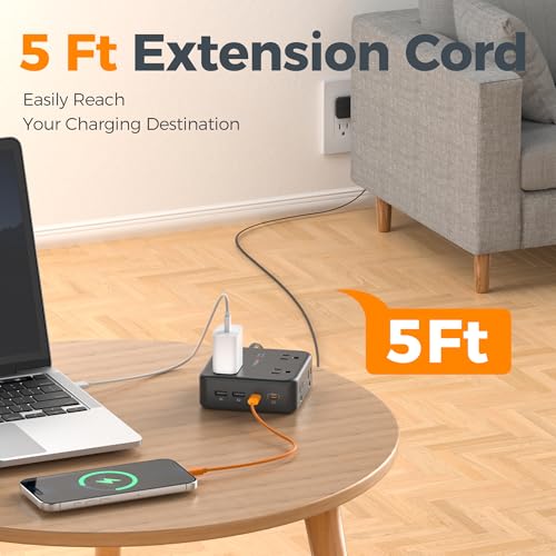 Image of TESSAN Dual Surge Protector Power Strip, 5 Ft Extension Cord Flat Wall Plug
