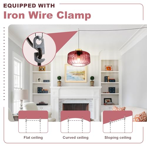 Image of Purple Glass Plug in Pendant Light 11.02 Inch with Gold Mount & Striped Shade, Adjustable Hanging Light Vintage Ceiling Lighting Fixture for Girls Room, Bedroom, Kitchen, Dining Table