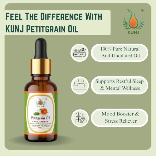 Image of KUNJ Petitgrain Essential Oil 10ml - Pure Steam Distilled Citrus aurantium Oil for Aromatherapy, Diffuser, Relaxation, Emotional Balance, Calm Mood, Stress Relief & Skin Care | 100% Natural