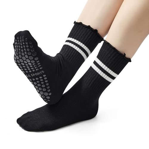 Image of American Trends Pilates Crew Socks for Women with Grips, Non Slip Ruffle Sock for Yoga Barre and Workout