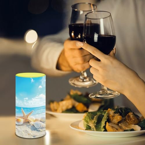 Image of Poceacles Beach Starfish Seashell Blue Sky LED Flameless Candles Battery Operated Candles with Remote Control Timer Flickering Wick Pillar Candles for Coastal Home Bathroom Outdoor Decor