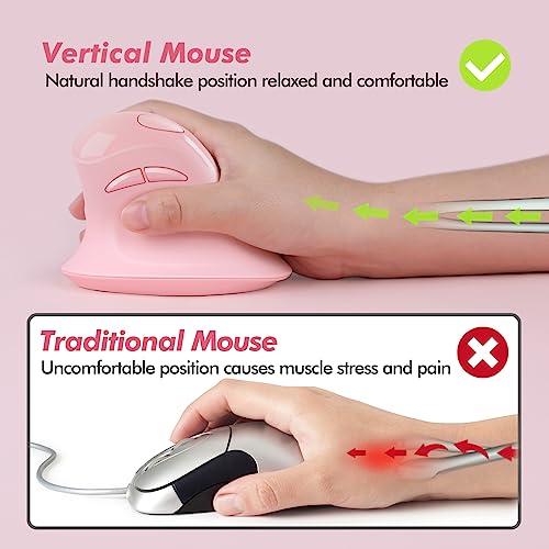 Image of MicroPack Ergonomic Vertical Wireless Mouse, Silent Cordless Office Mouse with USB-A & Type-C Receiver, 800 /1200 /1600 DPI, 6 Buttons, Reduces Wrist Strain for Work, Windows, Mac, PC & Laptop Pink