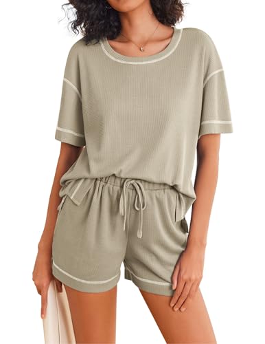 Image of Ekouaer Women's Waffle Knit Two Piece Lounge Set, Soft Matching Outfits for Daily Wear, Casual Shorts Set with Pocket