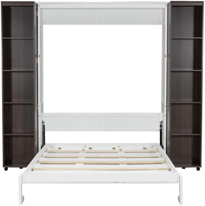 Murphy bed frame with hydraulic lift system and side cabinets partially assembled, showing the internal structure.