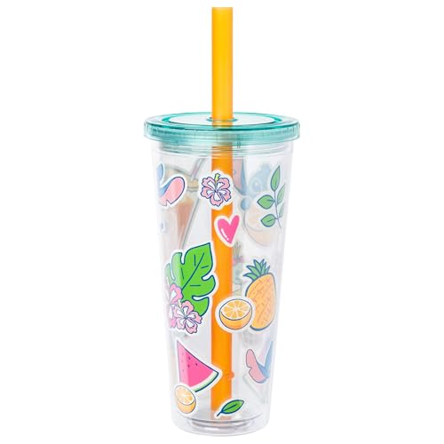 Image of Silver Buffalo Disney Lilo and Stitch Cute Decals Featuring Scrump Plastic Boba Tumbler with Lid and Straw, 24 Ounces