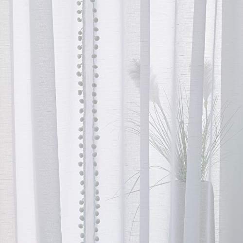 Treatmentex Pompom Sheer White Curtains For Living Room 84" Long Linen Textured Window Curtain Draperies For Bedroom 52" W, 1 Pair #TOP3