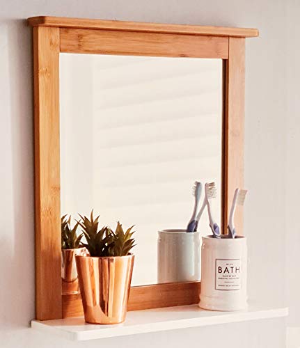 E2B Retreat Bamboo Wall-Mounted Mirror, Bathroom Mirror with Shelf, Hanging Vanity Mirror, for the Living Room and Bathroom, Natural Brown
