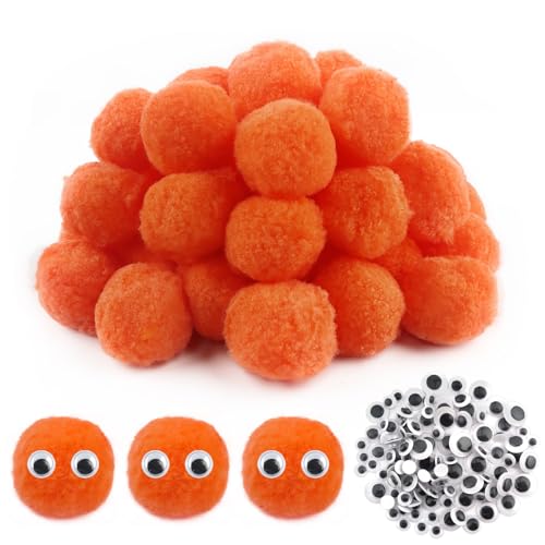 TOAOB 50 Peças grandes pompons de laranja de 5 cm bolas de feltro pompons e 100 olhos móveis pretos para decorações artesanato criativo e decorações bricolage