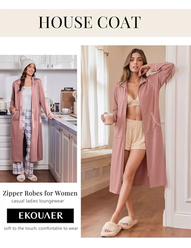 Image of Ekouaer Zipper Robes for Women Long Sleeve Lightweight House Coats with Pockets Zip Up Bathrobe Loungewear S-3XL