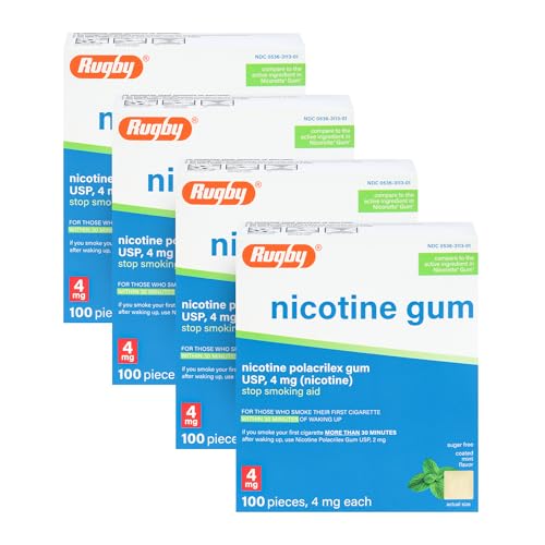 Rugby Polacrilex 4mg Nicotine Gum - Mint Flavor, Quit Smoking and Vaping Aid, Sugar-Free, 100 Count (4-Pack)