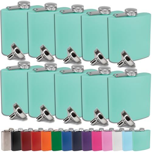 Clear Water Home Goods 6 oz Hip Flask w/Funnel (Matte Teal, 10-Pack)